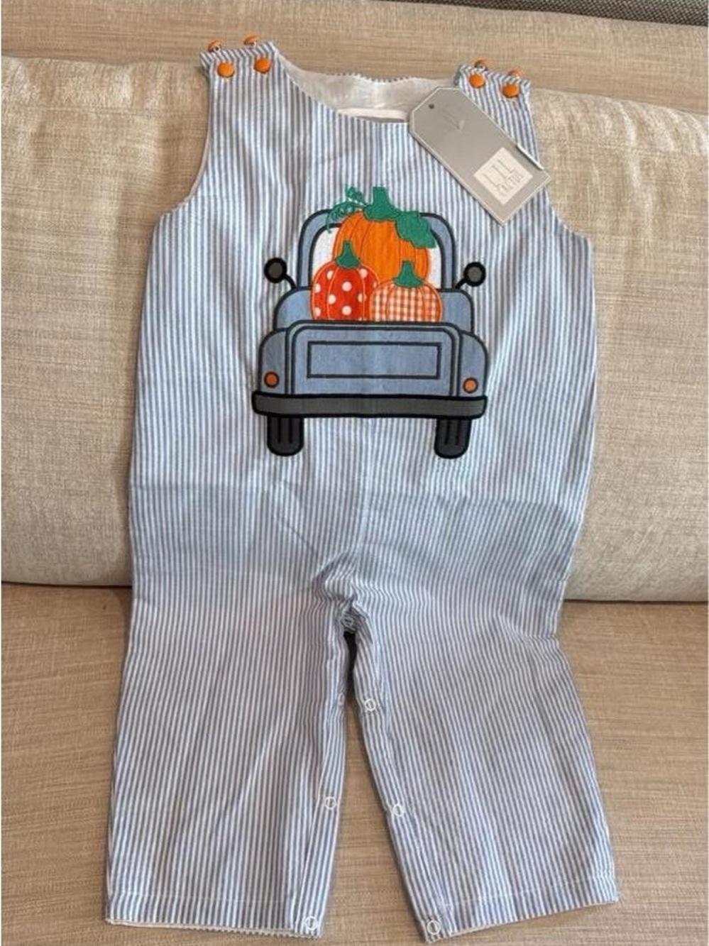Blue Pinstripe Halloween Pumpkin Truck Jon Jon for Boys